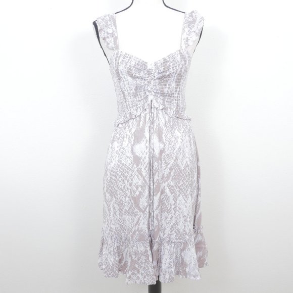 Maurices Taupe Gray Snake Print Elastic Gathered Top Ruffle Strap Size XS Dress - Picture 1 of 16